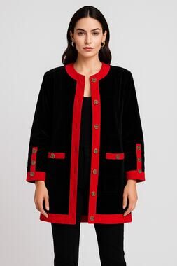 Vintage 80s Cattiva Velvet Quilted Coat Black Red Trim Gold Buttons Sz Small